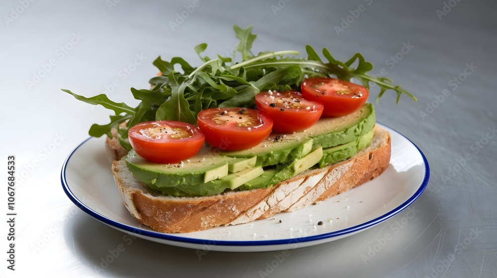 Modern open sandwich with avocado, cherry tomatoes, and arugula on white plate Modern open sandwich with avocado, cherry tomatoes, and arugula on white plate