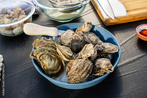 Oysters in the shell and oyster knife 