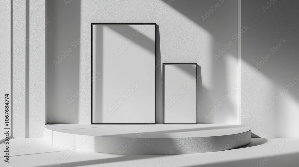 Two white frames are on a white pedestal Two white frames are on a white pedestal