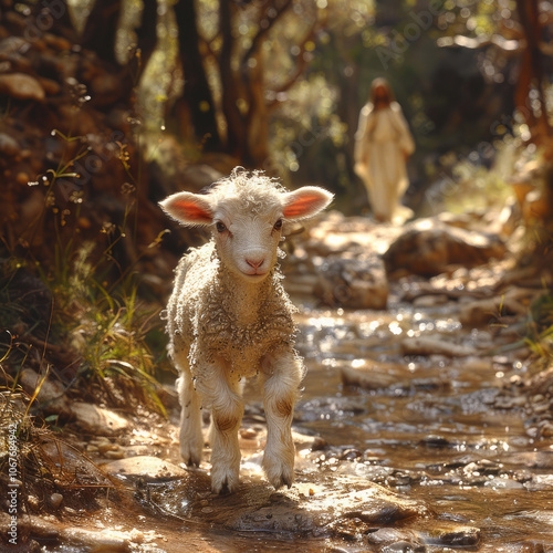 Jesus chases a lost sheep photo