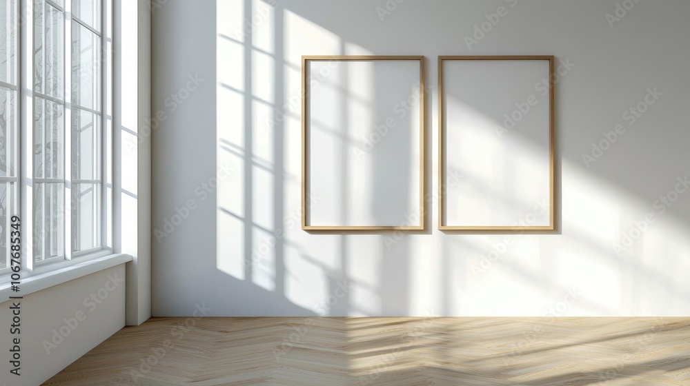 Fototapeta premium A white room with two empty frames on the wall