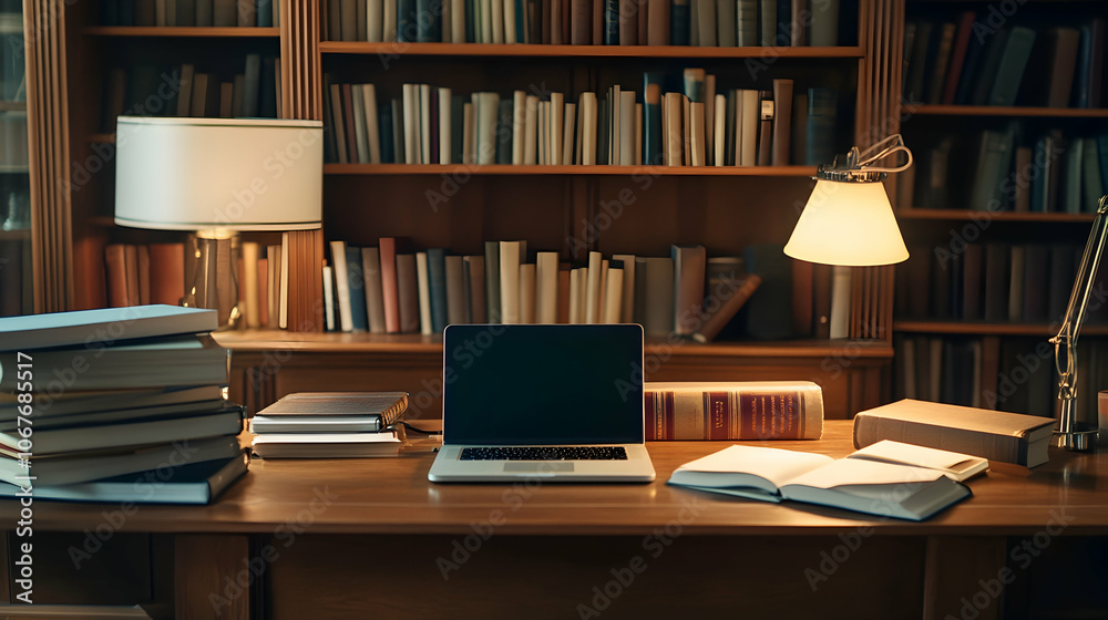 Library desk with books and a laptop, symbolizing the integration of education and digital technology Library desk with books and a laptop, symbolizing the integration of education and digital technology