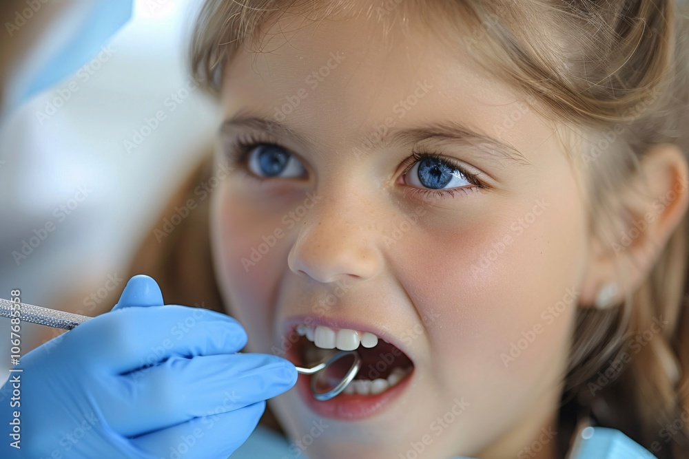 A young girl sits in a dental chair, her mouth open as a dentist examines her teeth with a tool. Bright lighting highlights her curiosity and nervousness during the checkup A young girl sits in a dental chair, her mouth open as a dentist examines her teeth with a tool. Bright lighting highlights her curiosity and nervousness during the checkup