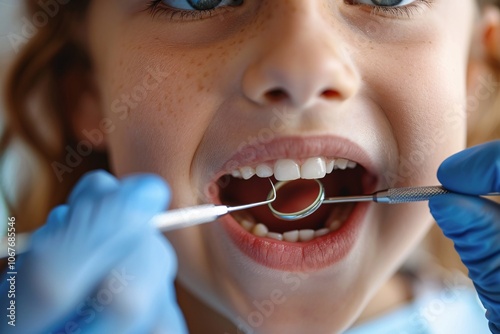 A child with curly hair is sitting in a dental chair, smiling while a dentist examines their teeth. The room is well-lit, showcasing dental tools and equipment used for pediatric care