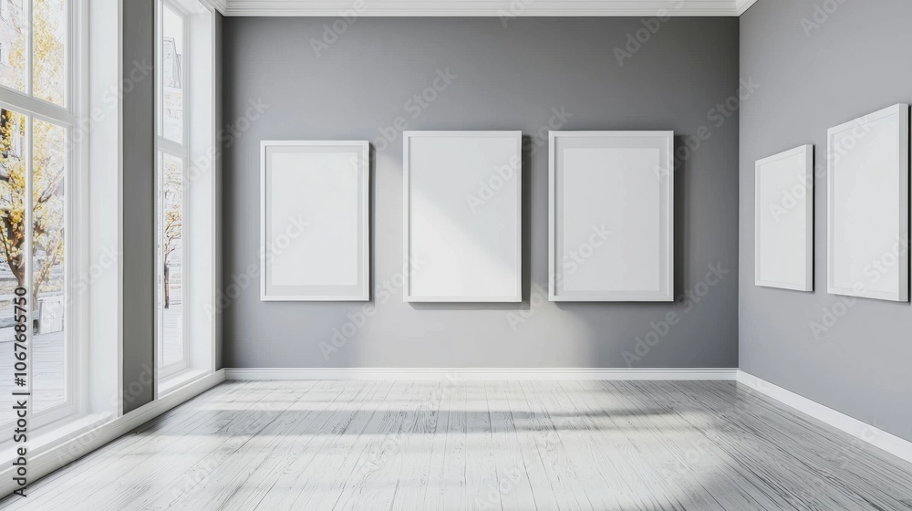 A room with three white framed pictures on the wall A room with three white framed pictures on the wall