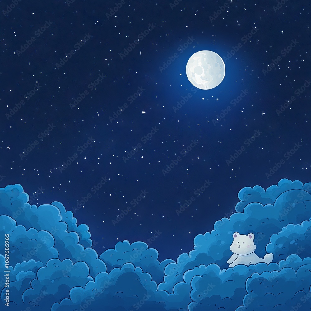 A serene night sky with a full moon and a cute bear among fluffy clouds. A serene night sky with a full moon and a cute bear among fluffy clouds.