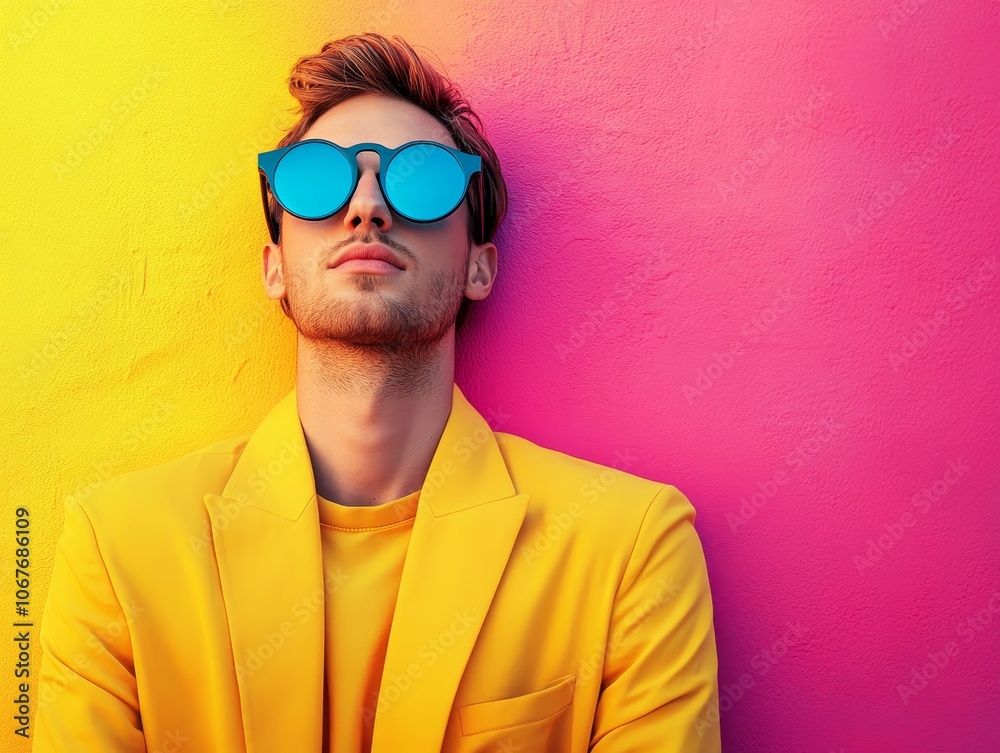 Young man in a bright yellow suit with blue reflective sunglasses, leaning against a vibrant yellow and pink wall, embodying a bold, colorful fashion statement with modern attitude. Young man in a bright yellow suit with blue reflective sunglasses, leaning against a vibrant yellow and pink wall, embodying a bold, colorful fashion statement with modern attitude.