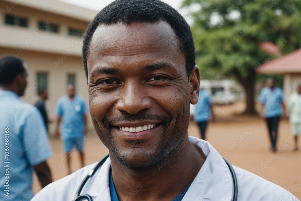 Close portrait of a smiling 40s Eswatini man doctor looking at the camera, Eswatini hospital blurred background Close portrait of a smiling 40s Eswatini man doctor looking at the camera, Eswatini hospital blurred background