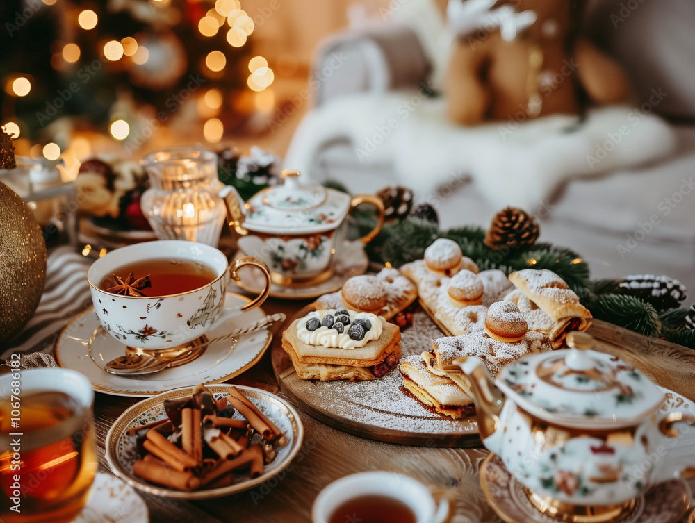Elegant Christmas tea table set with festive treats, tea, and delicate porcelain, evoking a warm and cozy holiday afternoon gathering.
Elegant Christmas tea table set with festive treats, tea, and delicate porcelain, evoking a warm and cozy holiday afternoon gathering.