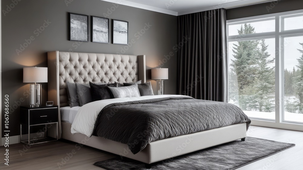 Fototapeta premium Modern Bedroom Interior with Grey and White Bedding and a View of a Snowy Forest
