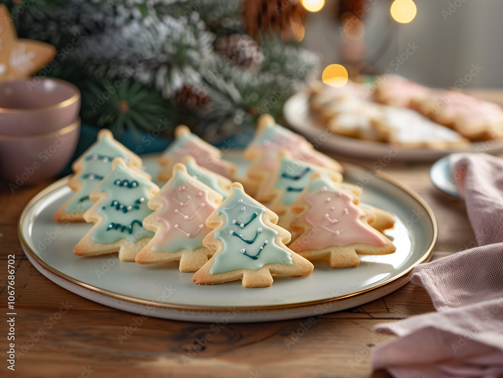 A plate of Christmas tree-shaped cookies decorated with pastel icing, sitting on a wooden table with festive decor. A delightful holiday treat for family gatherings.