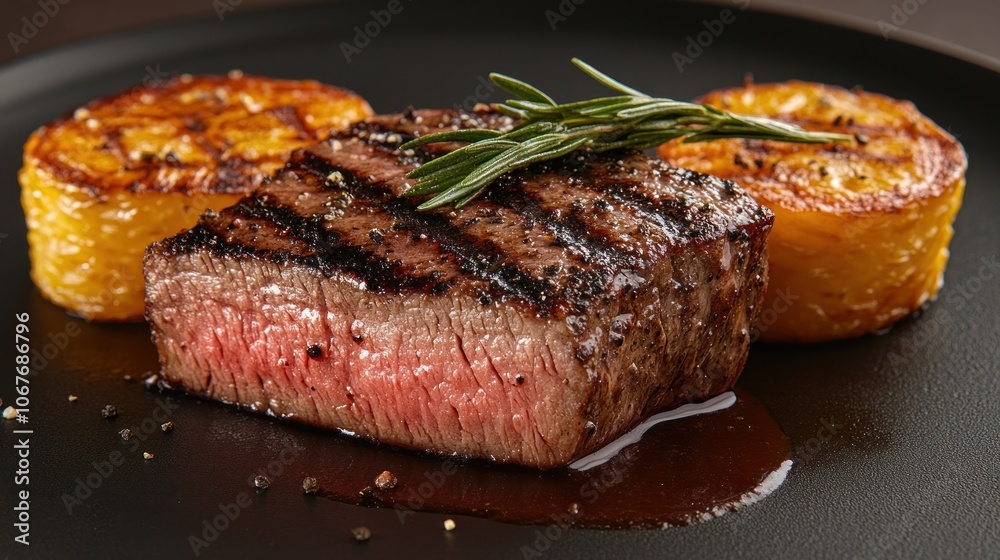 A perfectly cooked steak with a crispy exterior and a juicy pink interior, served with two golden-brown potato medallions and a sprig of rosemary. A perfectly cooked steak with a crispy exterior and a juicy pink interior, served with two golden-brown potato medallions and a sprig of rosemary.