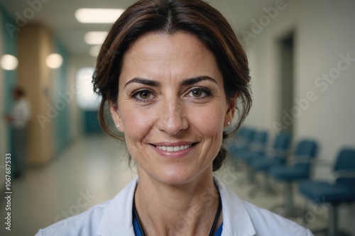 Close portrait of a smiling 40s Greek woman doctor looking at the camera, Greek hospital blurred background