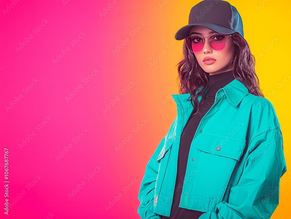 A stylish individual poses against a vibrant pink and yellow background. A stylish individual poses against a vibrant pink and yellow background.
