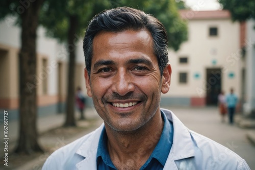 Close portrait of a smiling 40s Guatemalan man doctor looking at the camera, Guatemalan hospital blurred background