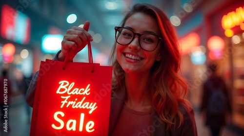 Black Friday banner with a woman hanging a glowing shopping bag. Black Friday banner and poster design template photo