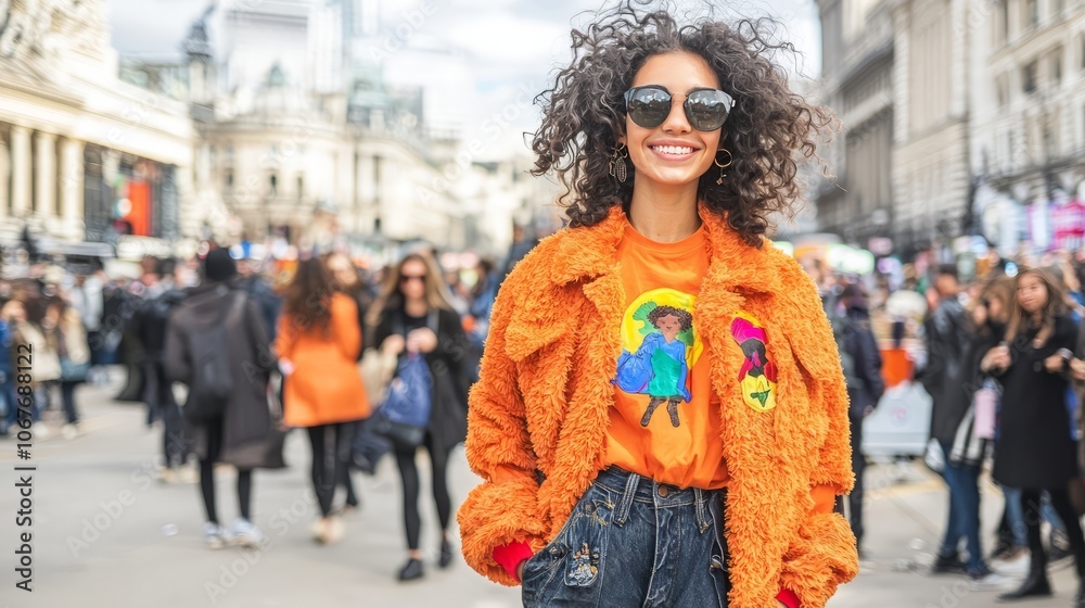 Obraz premium A smiling woman in an orange jacket poses in a busy urban setting.