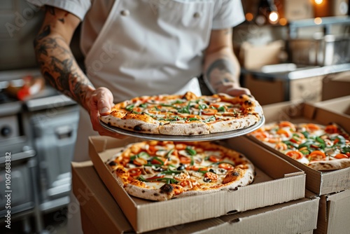 A chef is presenting a hot, delicious pizza with fresh toppings in a busy restaurant kitchen filled with boxes of pizza. The aromatic flavors and lively atmosphere create excitement photo