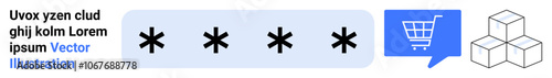 Password field with asterisks, shopping cart in blue speech bubble, and three cubes. Ideal for ecommerce, cybersecurity, online shopping, data protection, digital transactions, web elements, secure