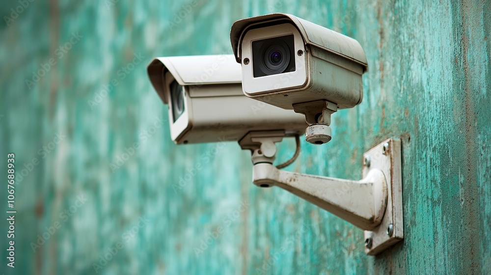 Two surveillance cameras mounted on a textured green wall, emphasizing security and monitoring technology in an outdoor setting. Two surveillance cameras mounted on a textured green wall, emphasizing security and monitoring technology in an outdoor setting.