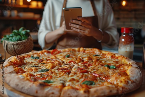 A freshly baked pizza topped with cheese, tomatoes, and basil is placed on a wooden table photo