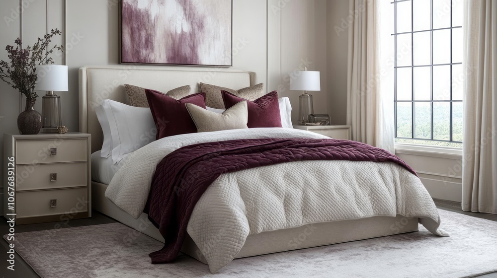 Fototapeta premium A Modern Bedroom Interior with a White Bed and a Burgundy Throw Blanket