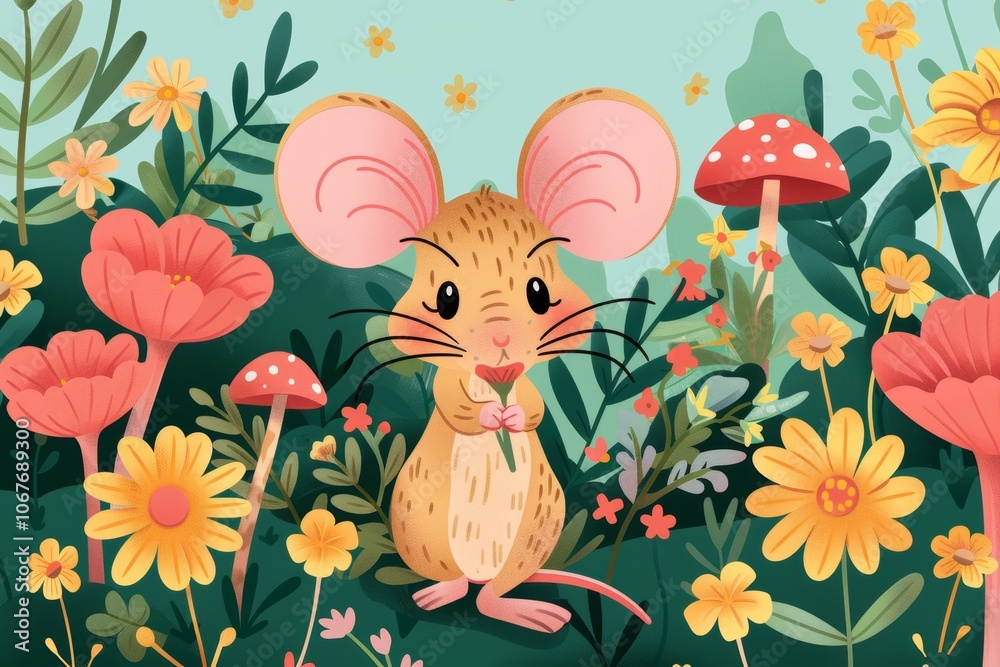 Obraz premium Cute mouse in colorful floral forest illustration