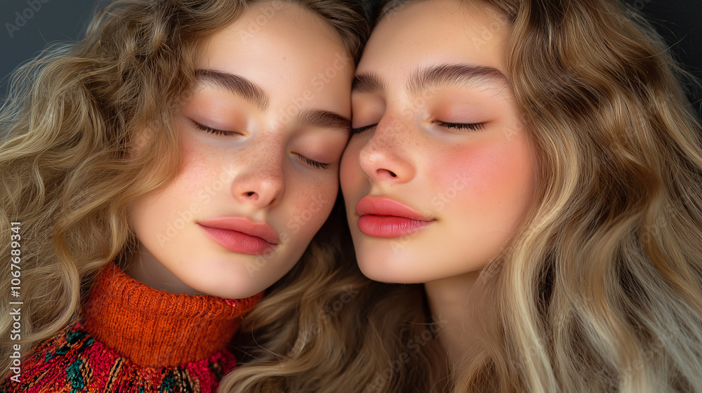 Two women with beautiful curly hair embrace in a tender moment, showcasing their calm expressions Two women with beautiful curly hair embrace in a tender moment, showcasing their calm expressions
