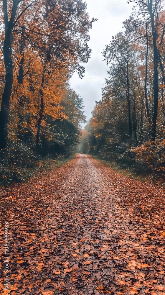 Obraz premium A serene autumn pathway lined with orange and yellow foliage.