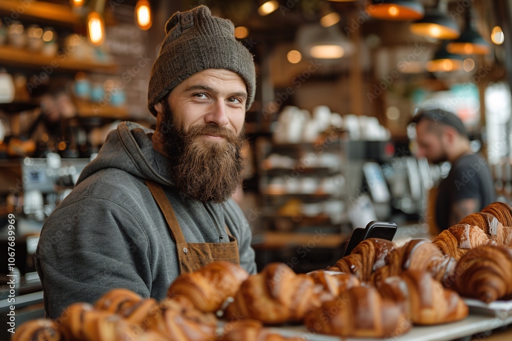A barista with a beard and a beanie stands behind a display of golden croissants, smiling warmly at customers in a bustling cafe. The warm atmosphere is inviting and lively A barista with a beard and a beanie stands behind a display of golden croissants, smiling warmly at customers in a bustling cafe. The warm atmosphere is inviting and lively