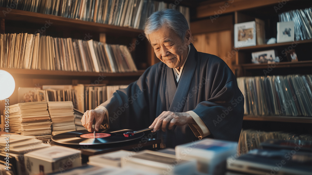 レコードを愛でる日本の高齢男性 レコードを愛でる日本の高齢男性