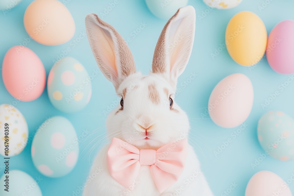 easter bunny wearing a big pink bow surrounded by pastel color Easter eggs, blue solid color background easter bunny wearing a big pink bow surrounded by pastel color Easter eggs, blue solid color background
