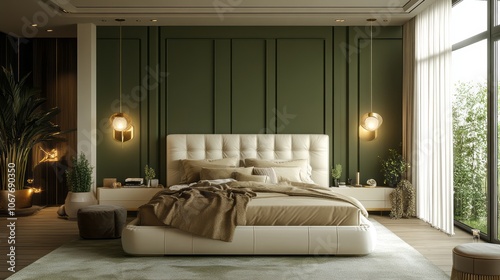 Modern Bedroom Interior Design with Green Wall and White Upholstered Bed