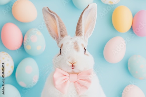 easter bunny wearing a big pink bow surrounded by pastel color Easter eggs, blue solid color background