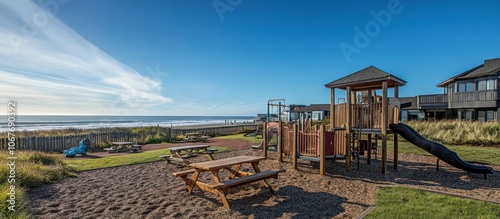 A wooden playground with a slide is set up on the sandy beach with a view of the ocean.