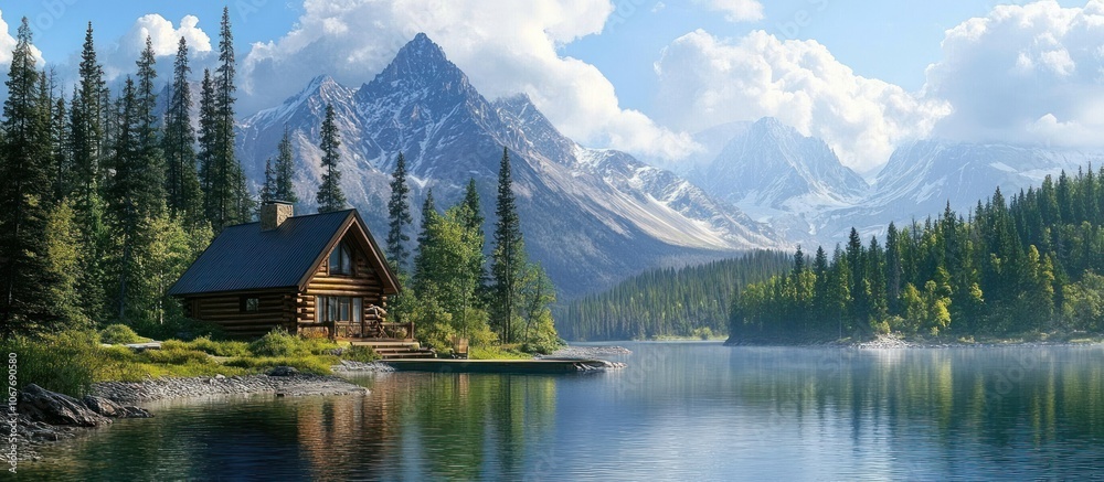 A wooden cabin sits on the shore of a lake with mountains and a forest in the background. A wooden cabin sits on the shore of a lake with mountains and a forest in the background.