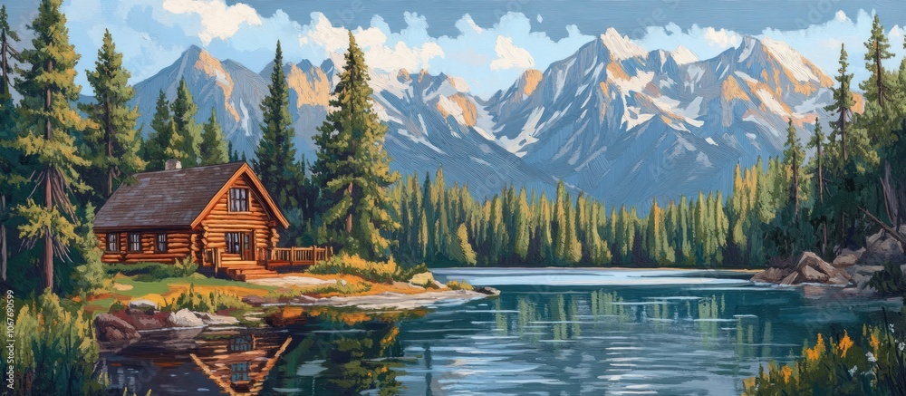 Fototapeta premium A rustic cabin sits on the shore of a tranquil lake, with snow-capped mountains in the background.