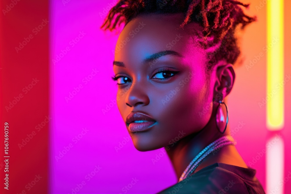 A striking portrait of a young woman with radiant skin, set against vibrant pink and orange neon hues. A striking portrait of a young woman with radiant skin, set against vibrant pink and orange neon hues.