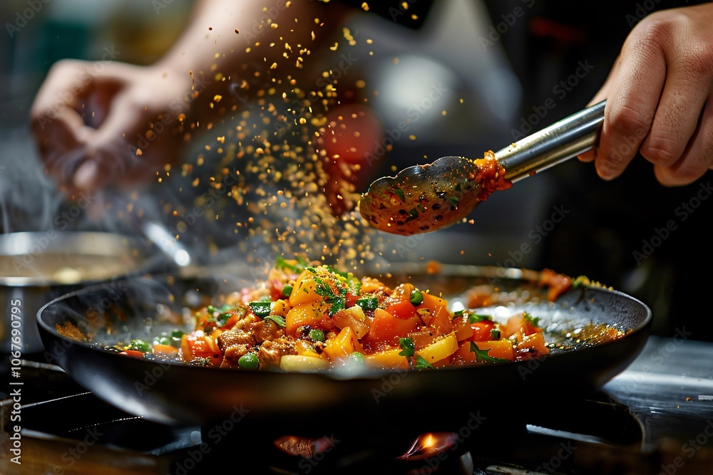 A chef skillfully prepares a stir-fry, adding colorful vegetables and aromatic spices to a sizzling pan. The steam rises, enhancing the flavor and aroma of the dish being created A chef skillfully prepares a stir-fry, adding colorful vegetables and aromatic spices to a sizzling pan. The steam rises, enhancing the flavor and aroma of the dish being created