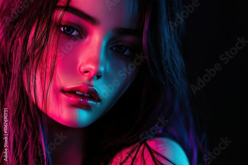 A close-up portrait of a young woman illuminated by vibrant neon pink and blue lighting. Her gaze is captivating, with glossy lips slightly parted, adding allure. 