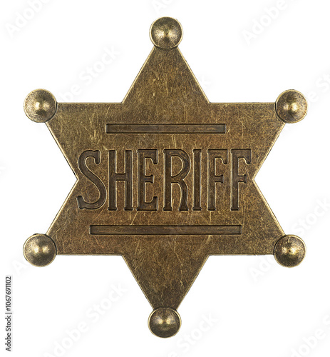 Vintage sheriff star badge isolated on a white background. Six point sheriff star badge. Old sheriff star from the wild west era.