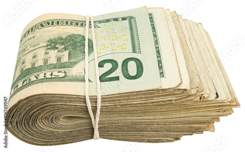 20$ bills. Stack of twenty American bills. Cash wad roll. Money rolled in half with rubber band. Green USA bank notes. USD banking saving. Paper money note. Business success. Rich. Isolated background