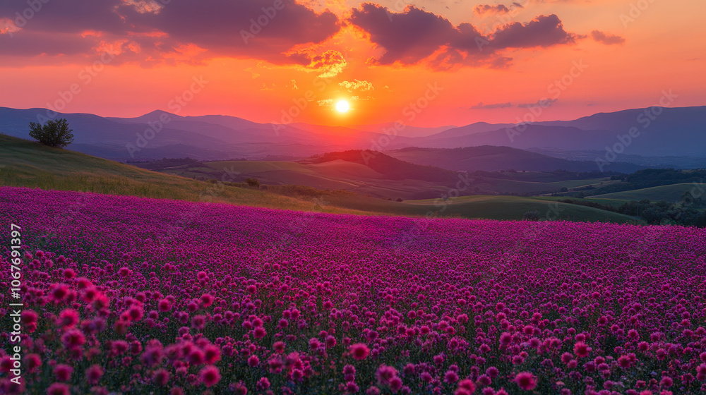 Fototapeta premium Vivid Multi-Colored Flower Beds Under Radiant Sunset with Rolling Hills Fading into the Distance, Serene Countryside Landscape