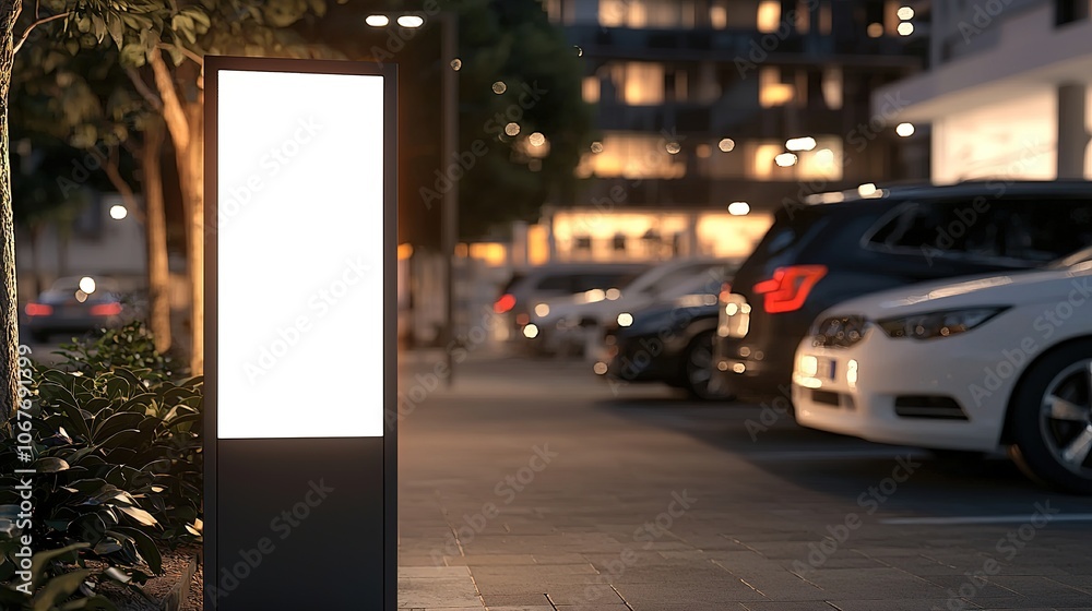 A modern street lamp illuminates a parking area at dusk, surrounded by parked cars and a blurred urban backdrop. A modern street lamp illuminates a parking area at dusk, surrounded by parked cars and a blurred urban backdrop.
