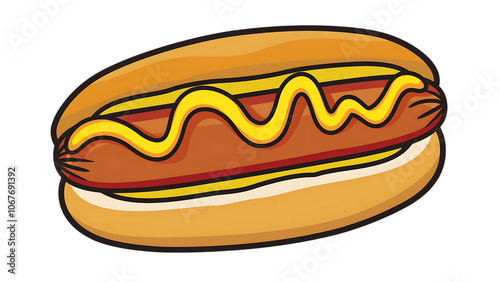 a classic hot dog nestled in a soft bun. The hot dog is garnished with a generous swirl of yellow mustard, adding a pop of color