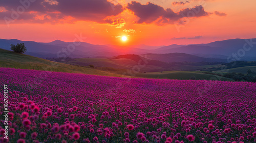 Vivid Multi-Colored Flower Beds Under Radiant Sunset with Rolling Hills Fading into the Distance, Serene Countryside Landscape