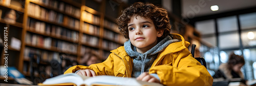 A young boy in a yellow jacket sits at a table with a book open in front of him