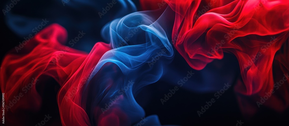 Fototapeta premium Abstract red and blue smoke swirls on a dark background.