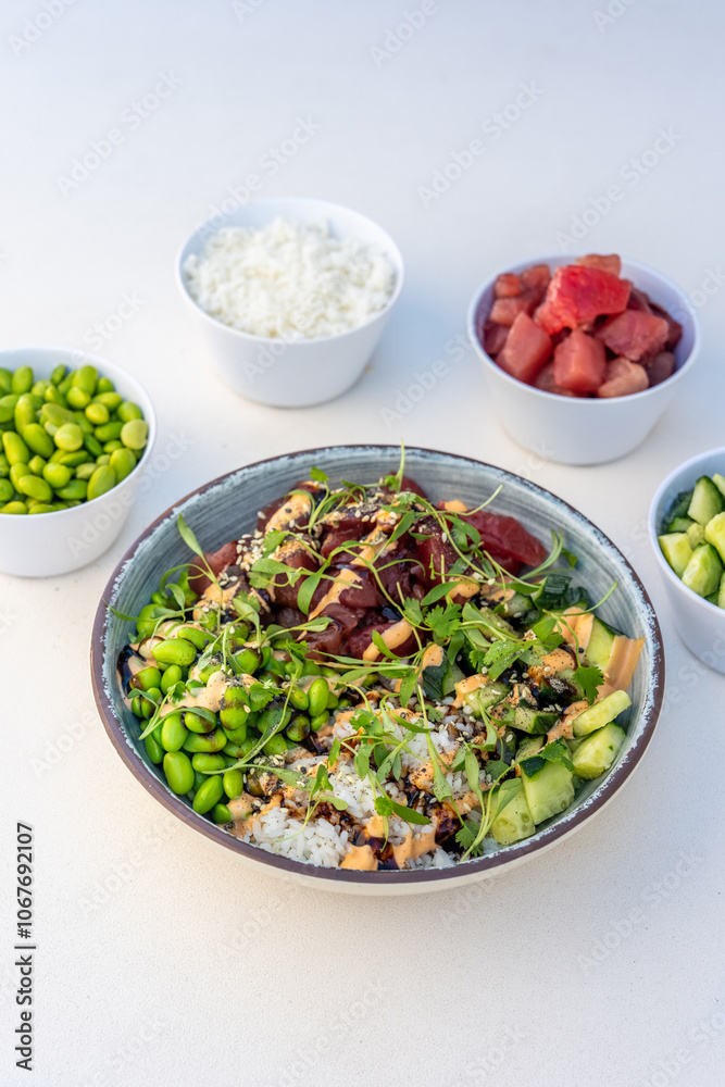 Poke bowl with tuna being made Poke bowl with tuna being made