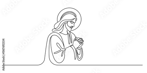 Jesus Christ praying in one continuous line drawing. Christian Symbol for easter and christmas in simple linear style. Editable stroke. Doodle monoline vector illustration